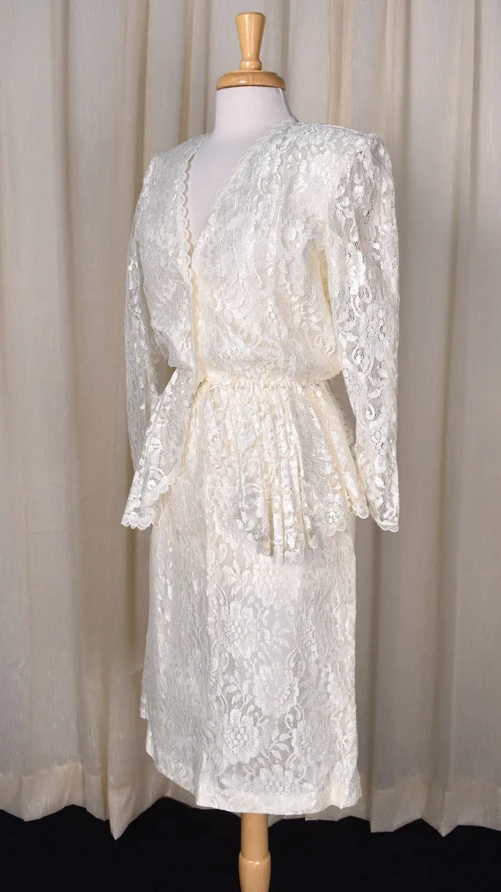 1940s Style Romantic Cream Lace Skirt Suit