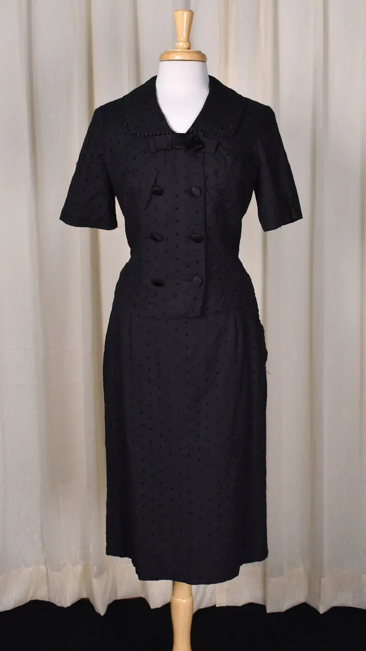 1950s Black Eyelet Bow Skirt Suit