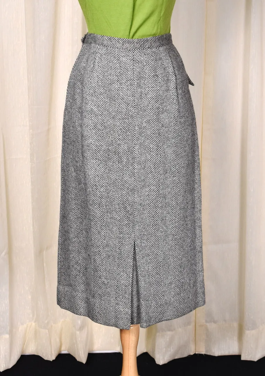 1950s Vintage  Gray Chevron Flap Pocket Pencil Skirt Tailored by h. Schreier