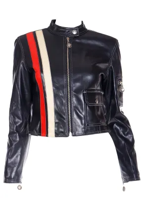 1990s Moschino Jeans Black Moto Jacket w Red & White Stripes The Nanny