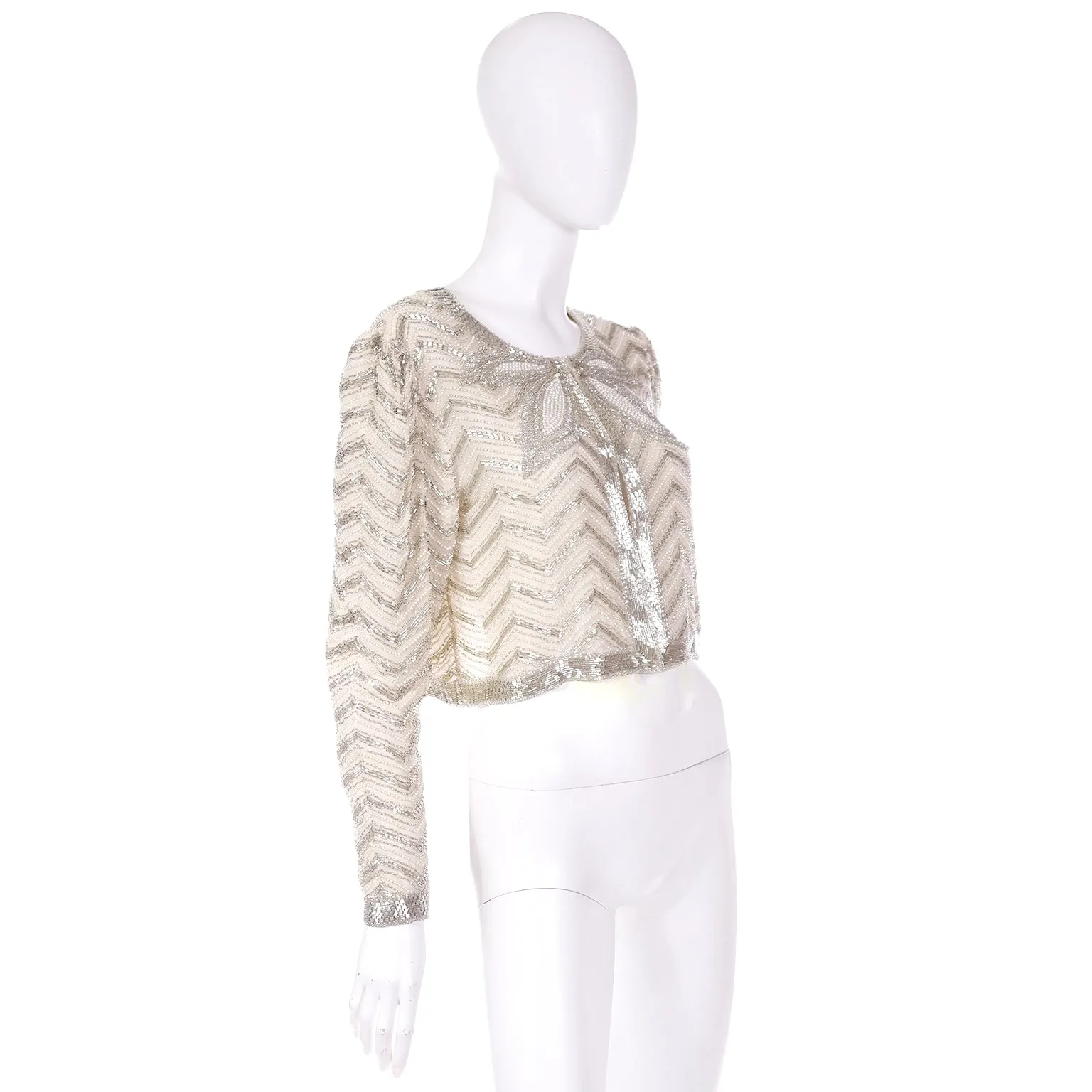 1990s Vintage Neiman Marcus Silk Beaded Ivory & Silver Evening Jacket