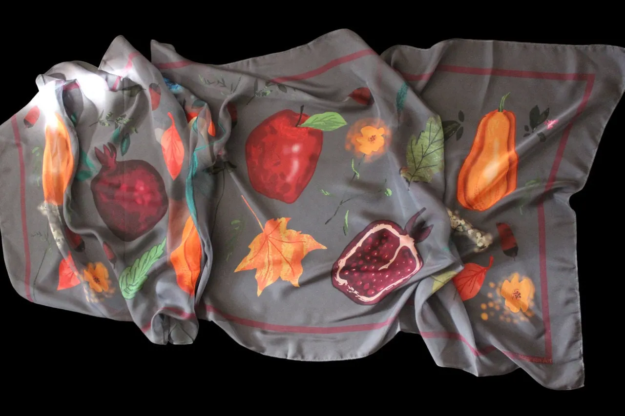 24-70 in Silk and polyester blend Fall large soft chiffon wrap scarf with fruits and leaves