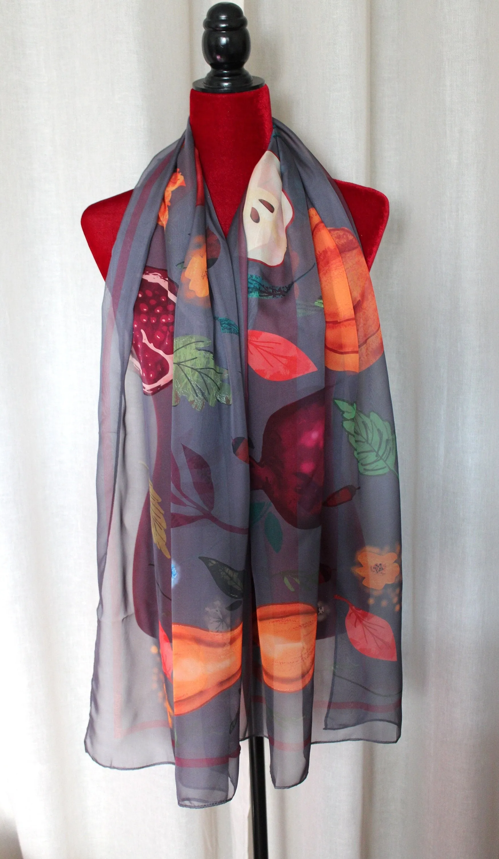 24-70 in Silk and polyester blend Fall large soft chiffon wrap scarf with fruits and leaves