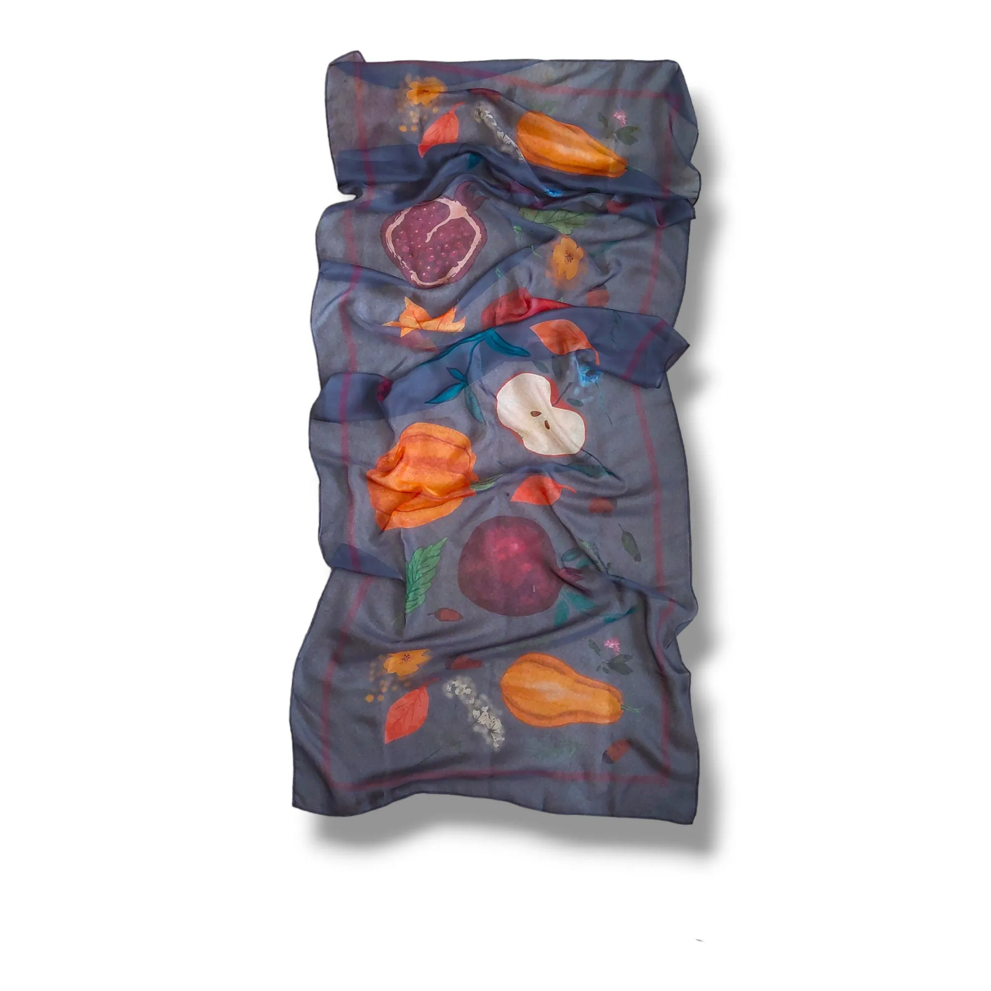 24-70 in Silk and polyester blend Fall large soft chiffon wrap scarf with fruits and leaves