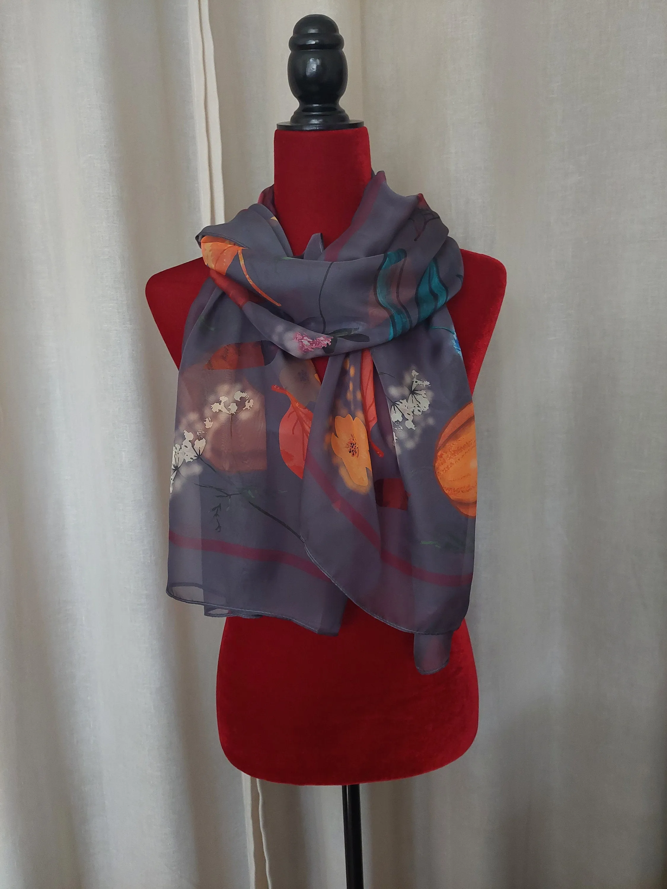 24-70 in Silk and polyester blend Fall large soft chiffon wrap scarf with fruits and leaves