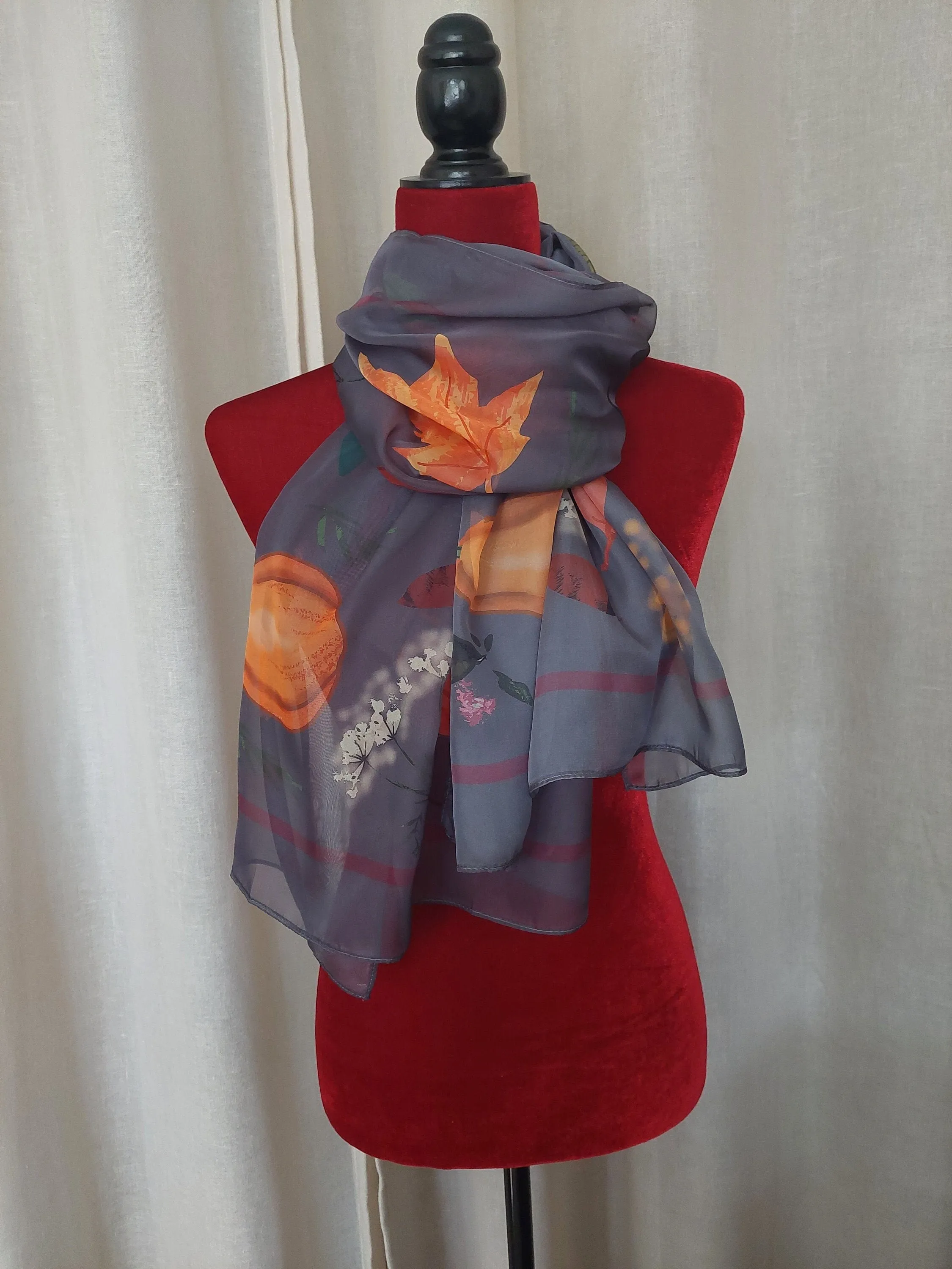 24-70 in Silk and polyester blend Fall large soft chiffon wrap scarf with fruits and leaves