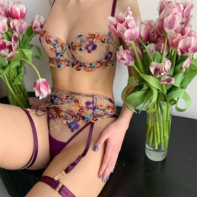 Aduloty Exquisite Embroidered Flowers Sexy Erotic Lingerie Perspective Transparent Bra Gather Temptation Women Underwear Five Pc