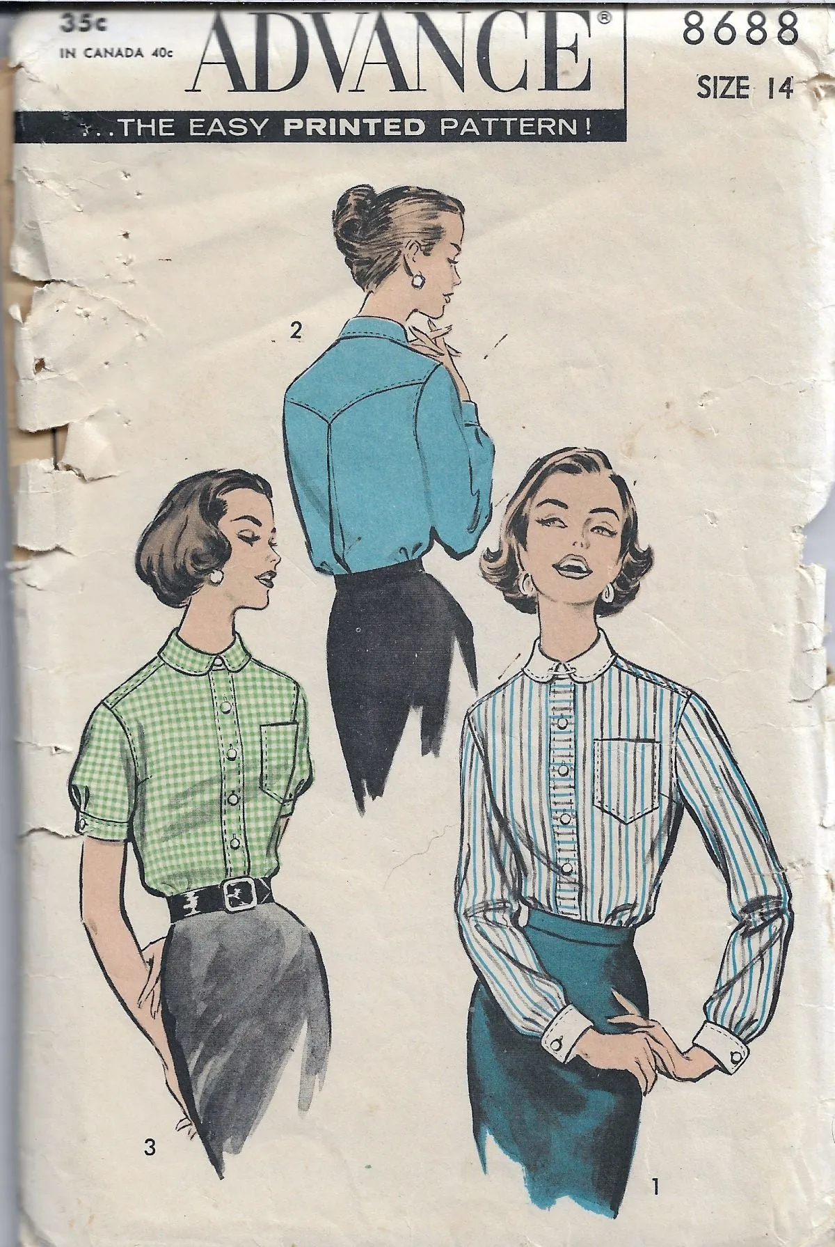 Advance 8688 Front Buttoned Blouse Shirt Vintage Sewing Pattern 1950s Rare