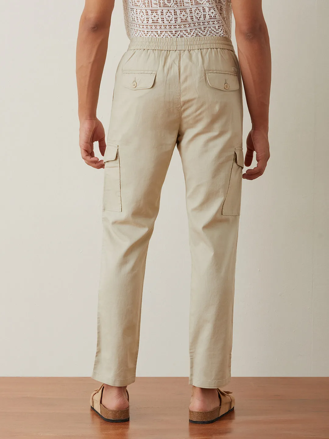 Beige Plain Cargo Pants