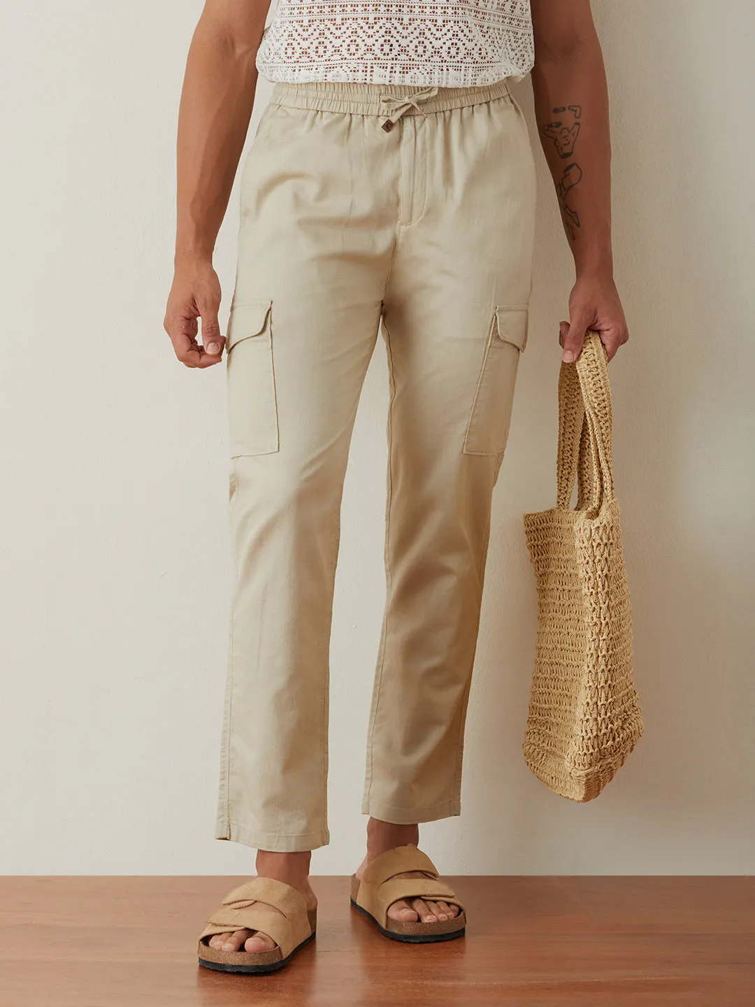 Beige Plain Cargo Pants