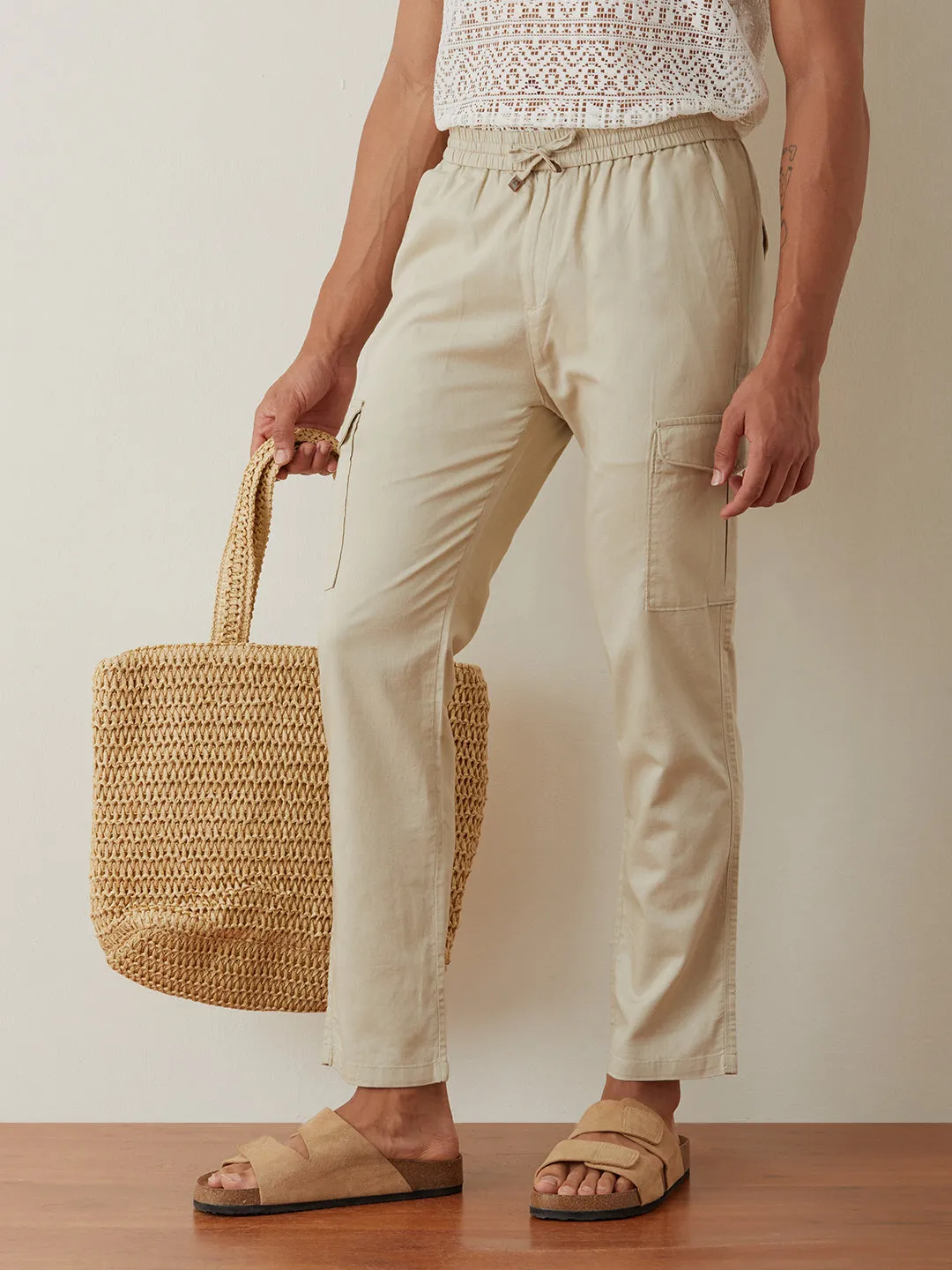 Beige Plain Cargo Pants