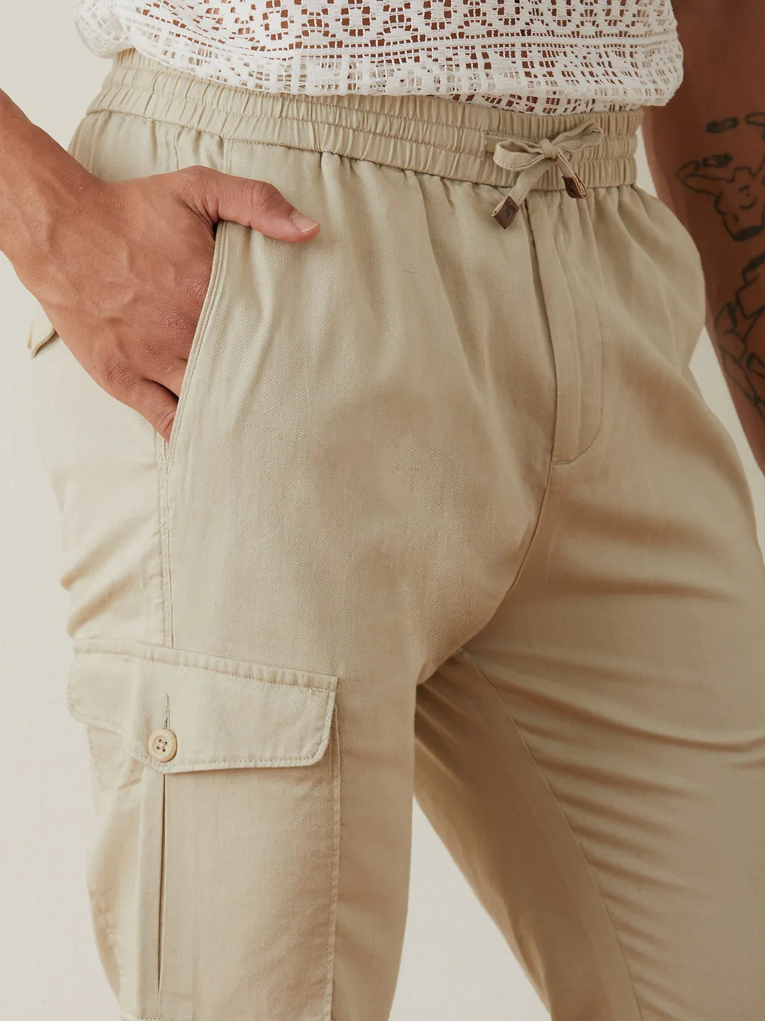 Beige Plain Cargo Pants