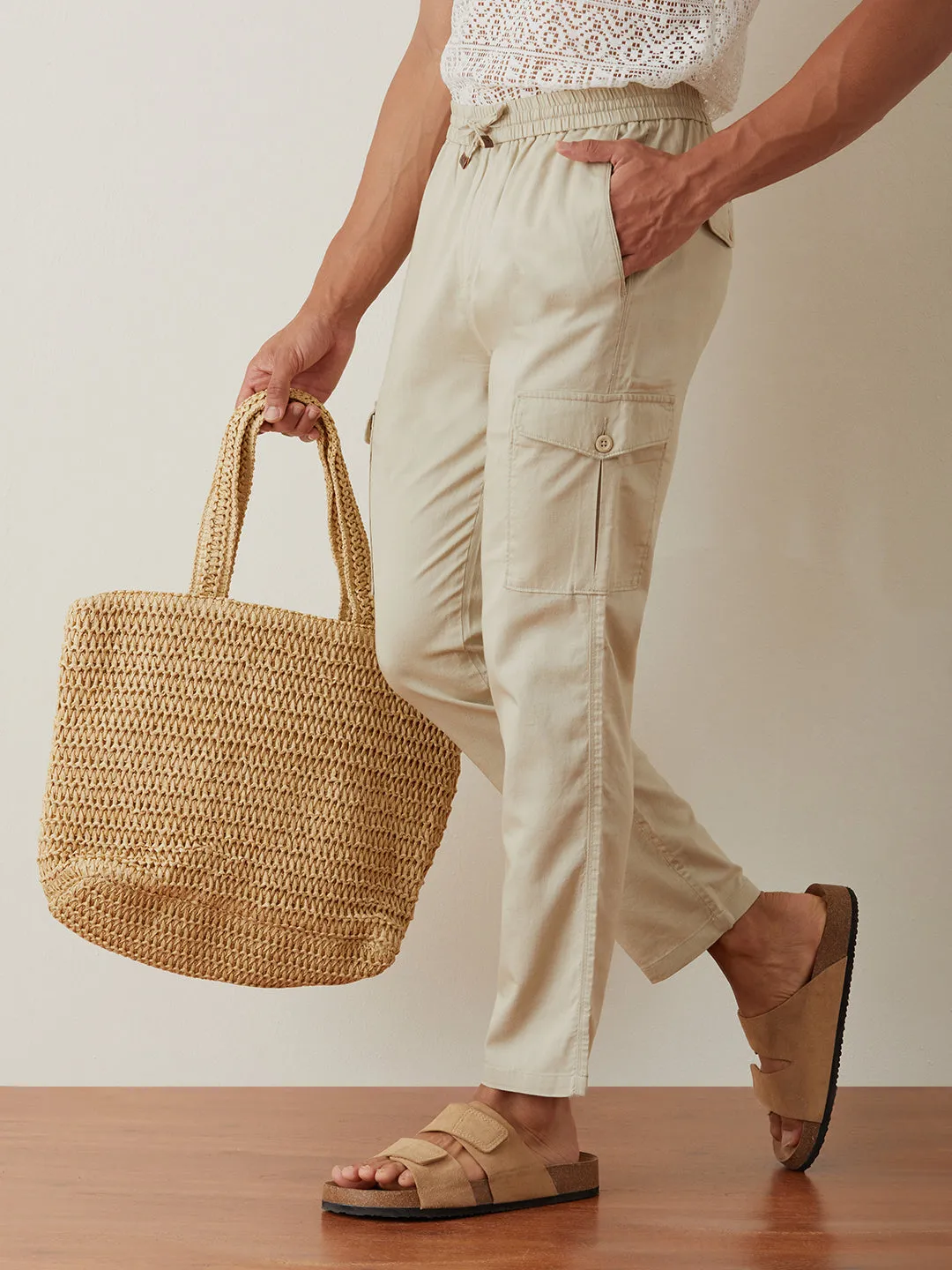 Beige Plain Cargo Pants