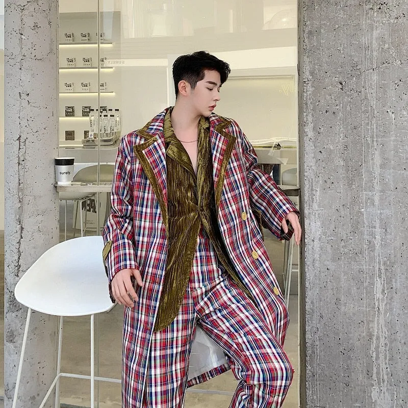 Belted Colorful Plaid Men Classic Long Coat