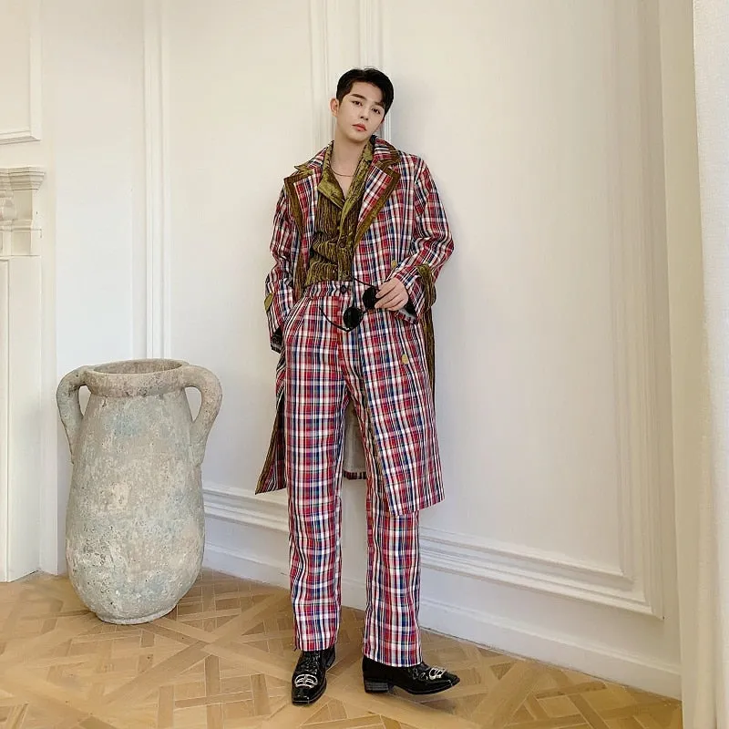 Belted Colorful Plaid Men Classic Long Coat