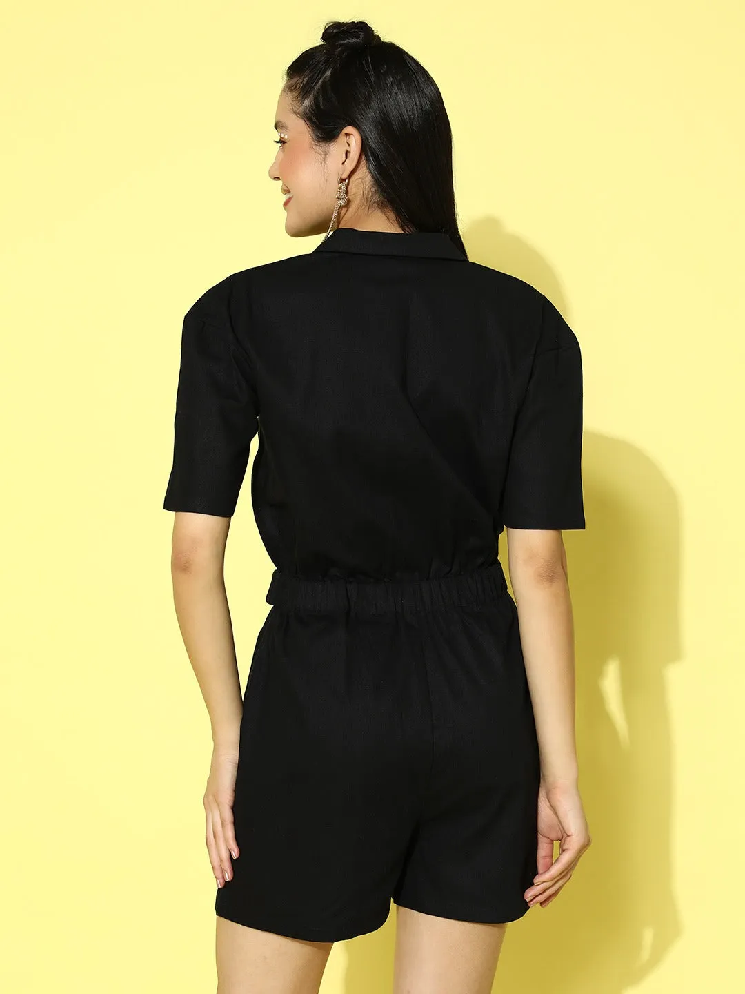 Berrylush Women Solid Black Shirt Collar Neck Button-Up Cotton Gathered Mini Playsuit