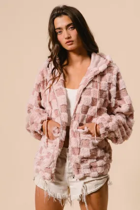 BiBi Checkered Pattern Zip Up Front Sherpa Hoodie in Dusty Pink/Blush