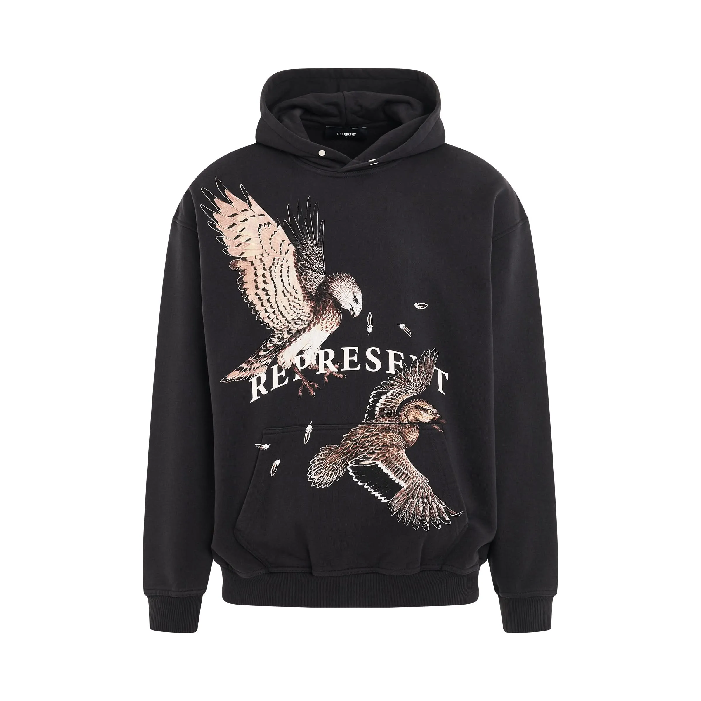 Birds of Prey Print Hoodie in Faded Black