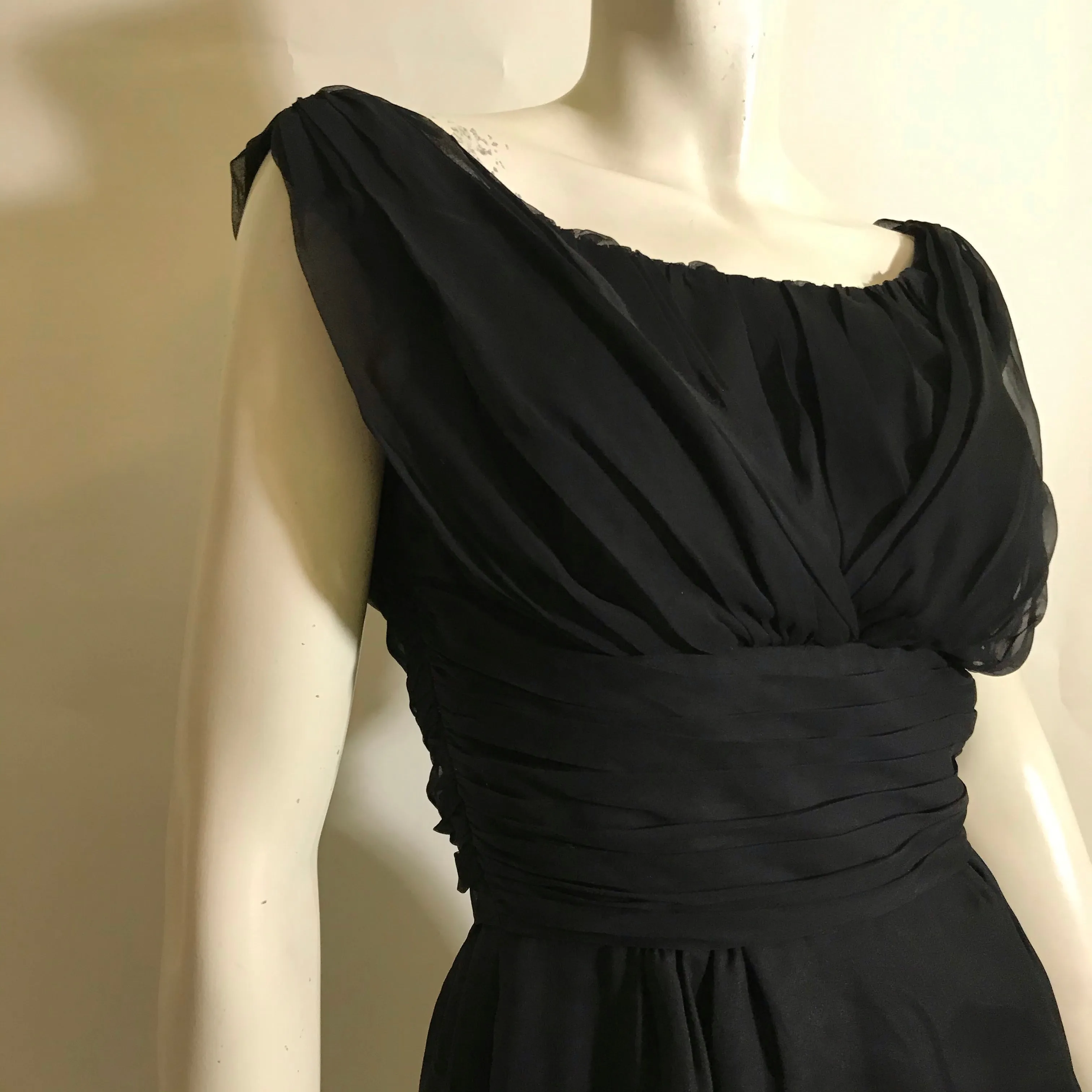 Black Chiffon Draped Neckline Cocktail Dress circa 1960s