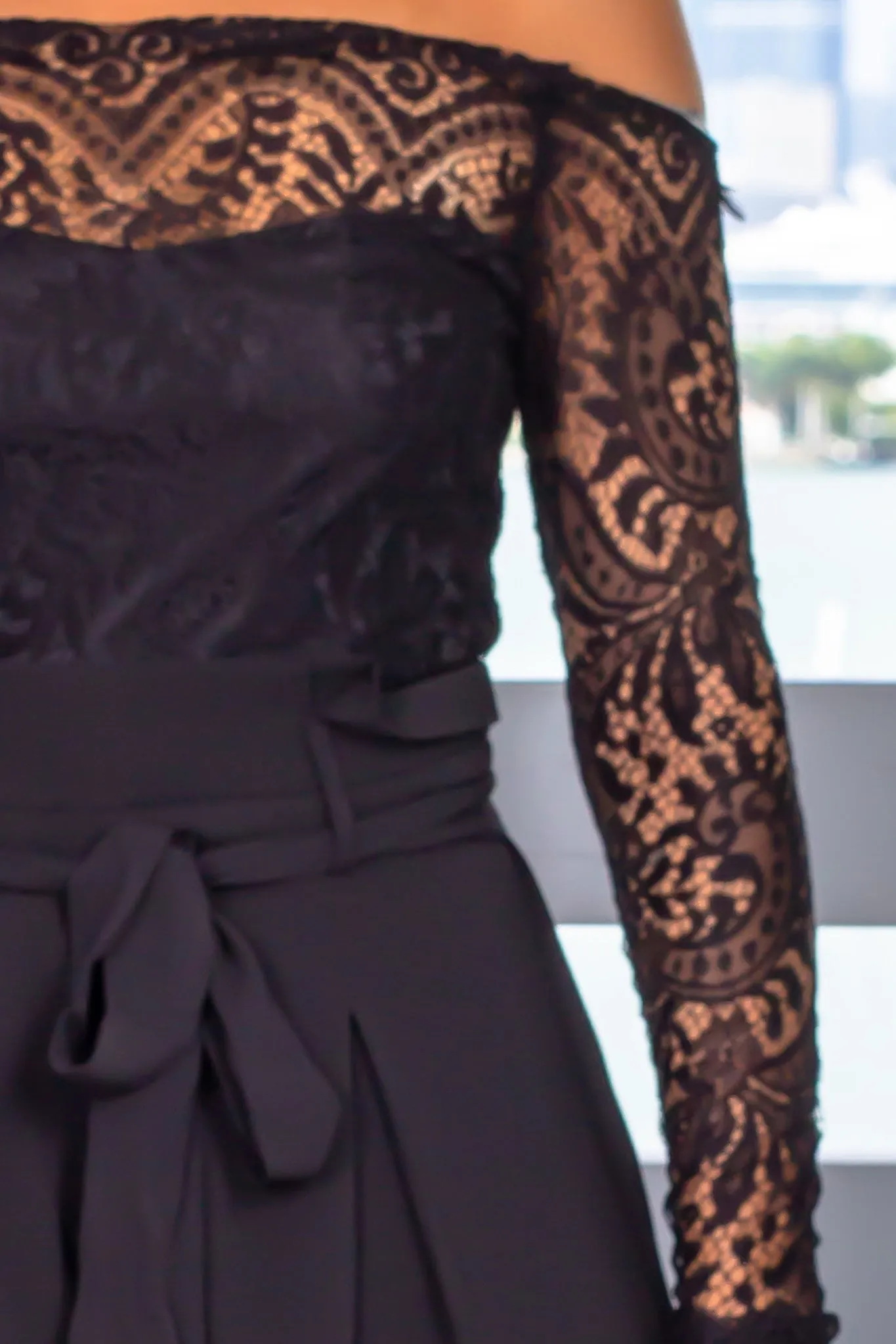 Black Lace Top Jumpsuit with Long Sleeve