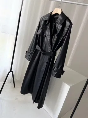 Black Long With Belt Fashionable All-match Leather Wind Coat Coat