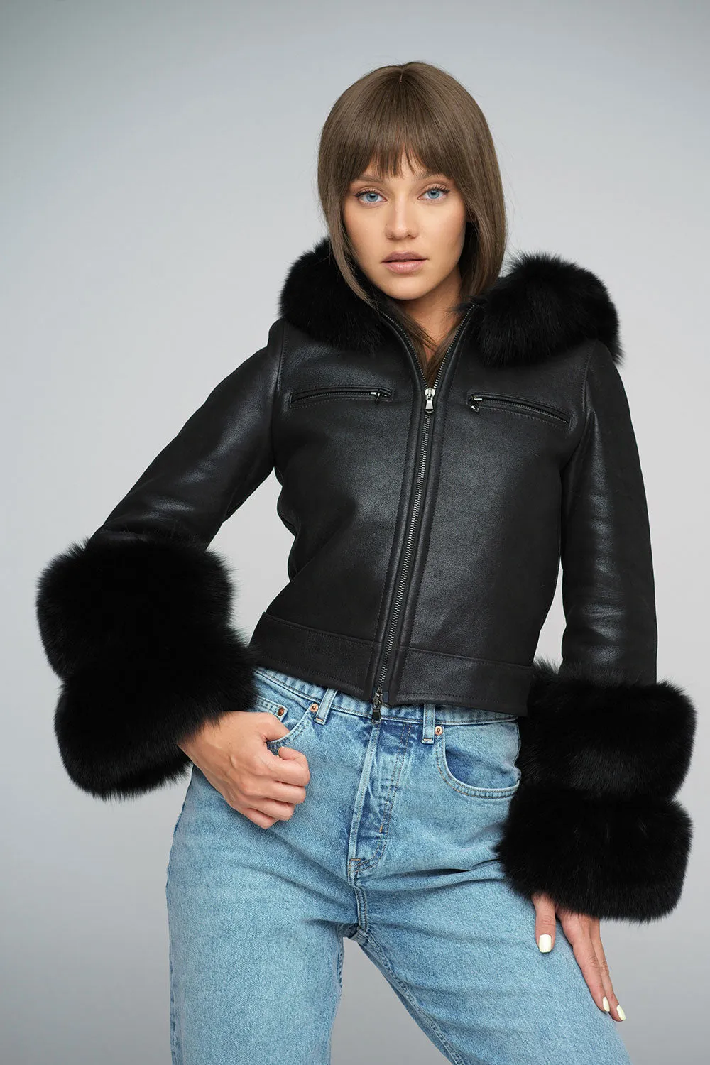 Black Merino Leather Jacket with Fox Fur Collar and Cuffs