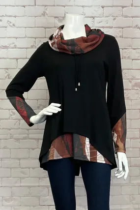 BLACK MULTI PRINT COWL NECK TOP