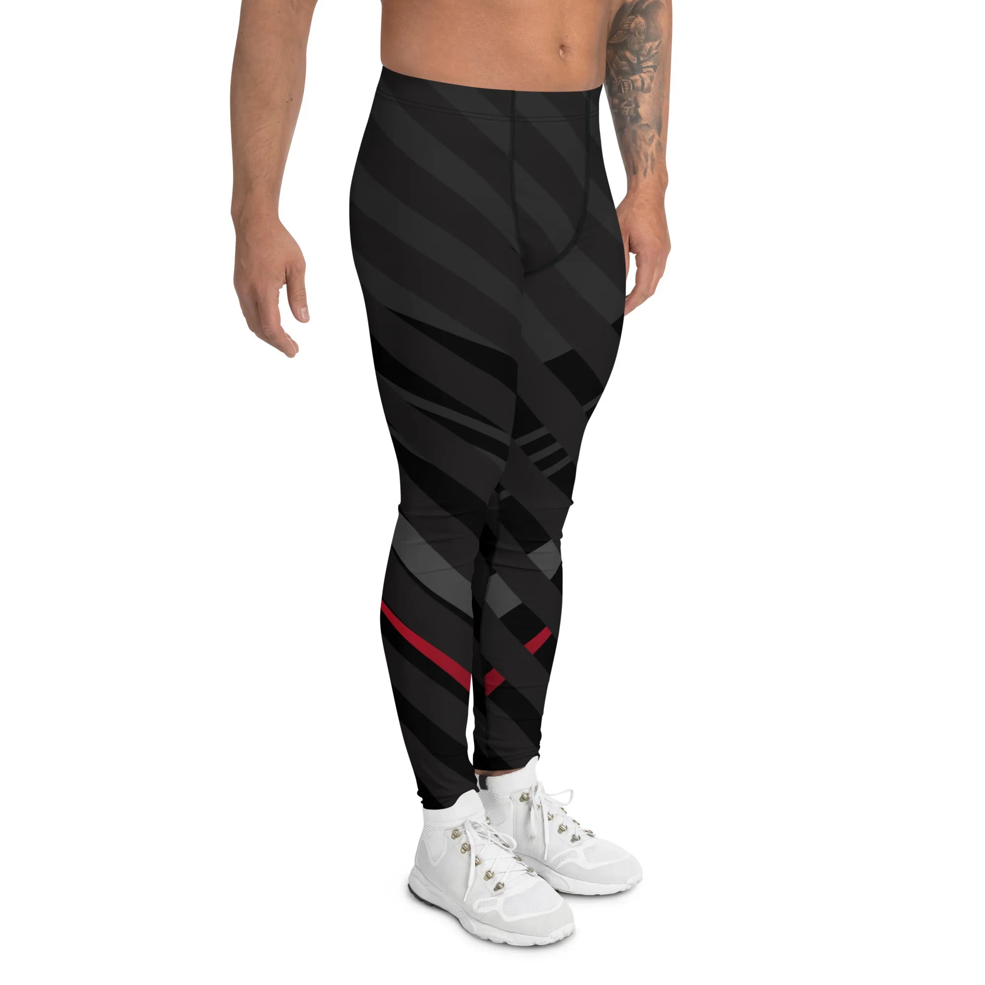 Black Red Striped Meggings, Diagonally Stripes Men's Leggings Running Compression Tights For Men - Made in USA/EU/MX