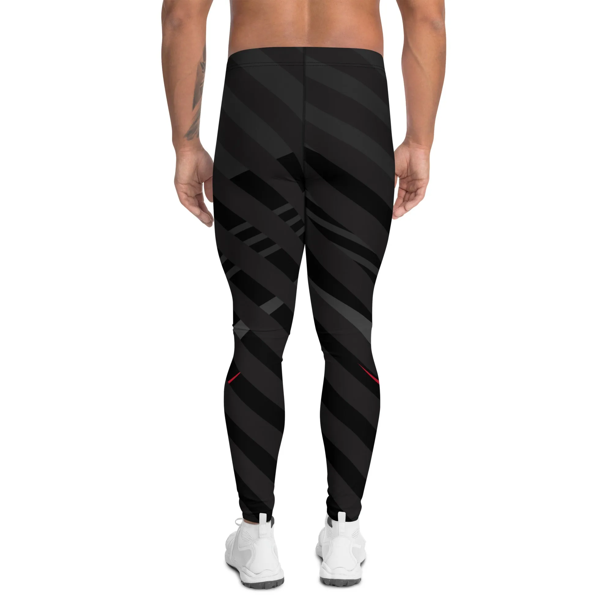 Black Red Striped Meggings, Diagonally Stripes Men's Leggings Running Compression Tights For Men - Made in USA/EU/MX