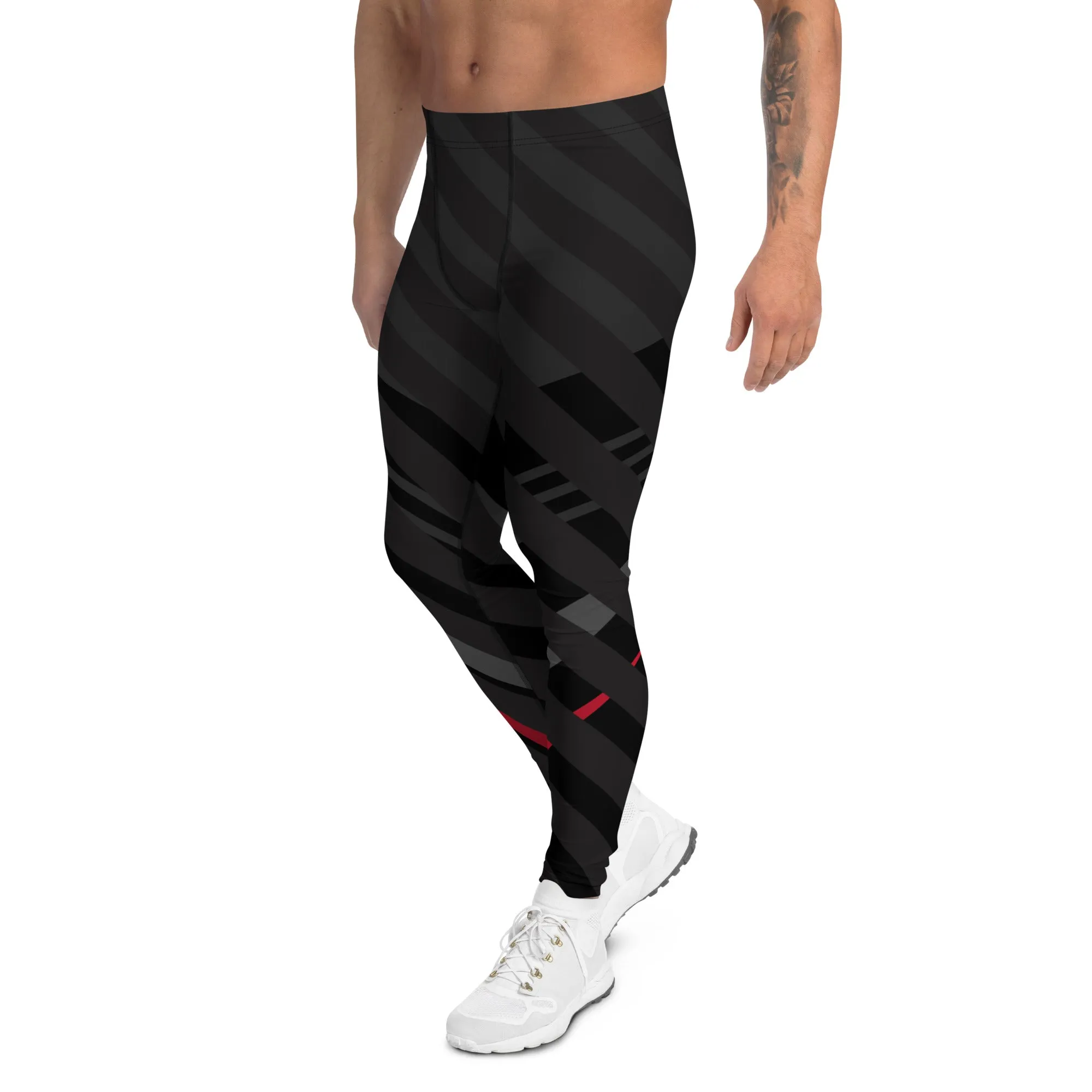 Black Red Striped Meggings, Diagonally Stripes Men's Leggings Running Compression Tights For Men - Made in USA/EU/MX