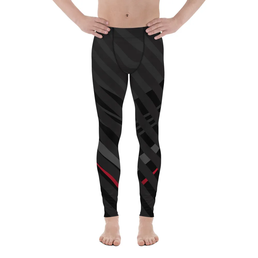 Black Red Striped Meggings, Diagonally Stripes Men's Leggings Running Compression Tights For Men - Made in USA/EU/MX