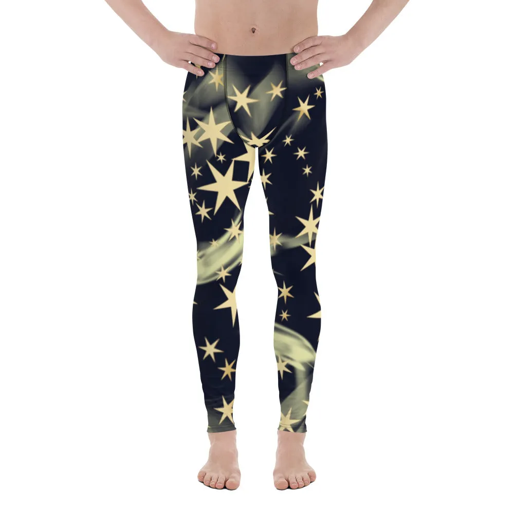 Black Starry Print Men's Leggings, Star Print Designer Meggings Compression Tights-Made in USA/EU/MX