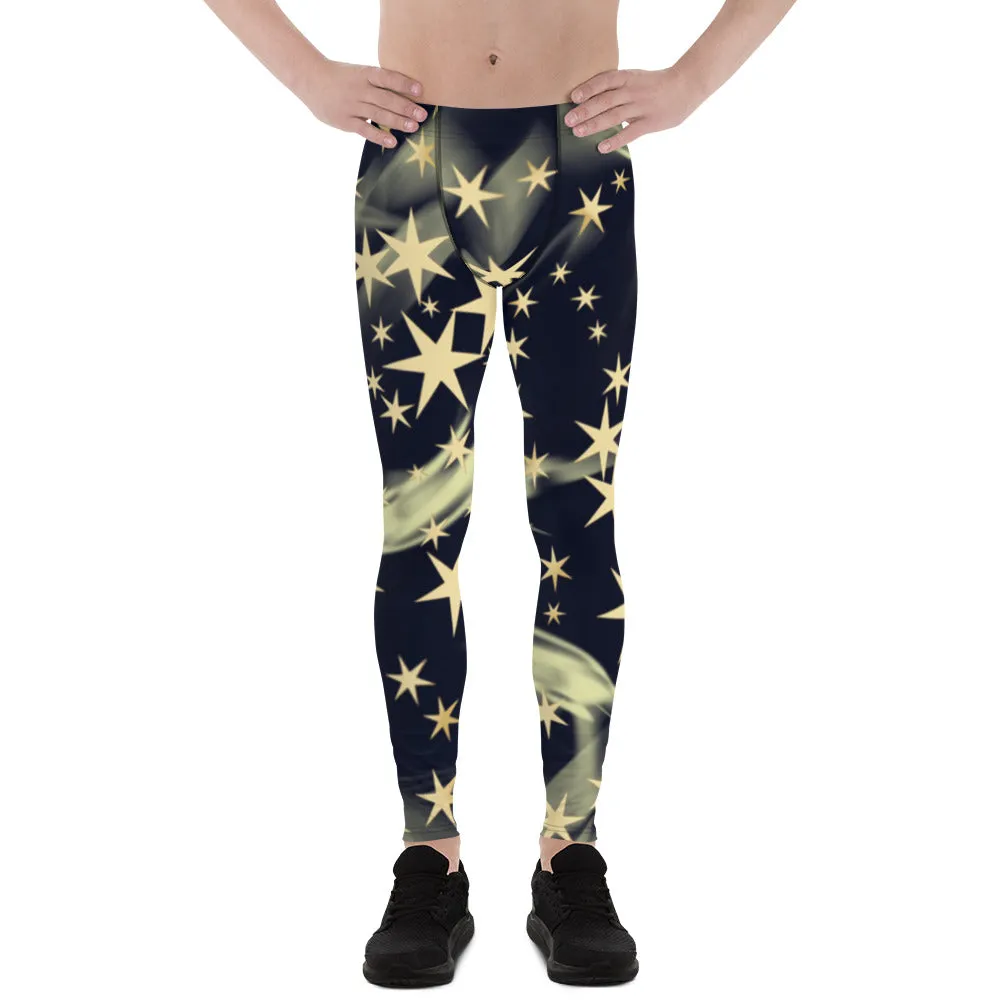 Black Starry Print Men's Leggings, Star Print Designer Meggings Compression Tights-Made in USA/EU/MX