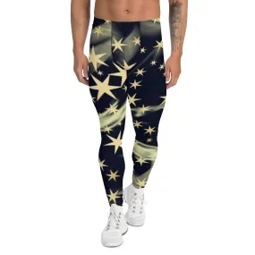 Black Starry Print Men's Leggings, Star Print Designer Meggings Compression Tights-Made in USA/EU/MX