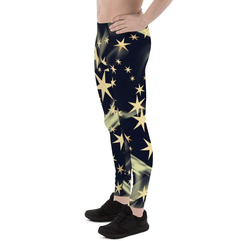 Black Starry Print Men's Leggings, Stars Pattern Meggings Compression Tights-Made in USA/EU/MX