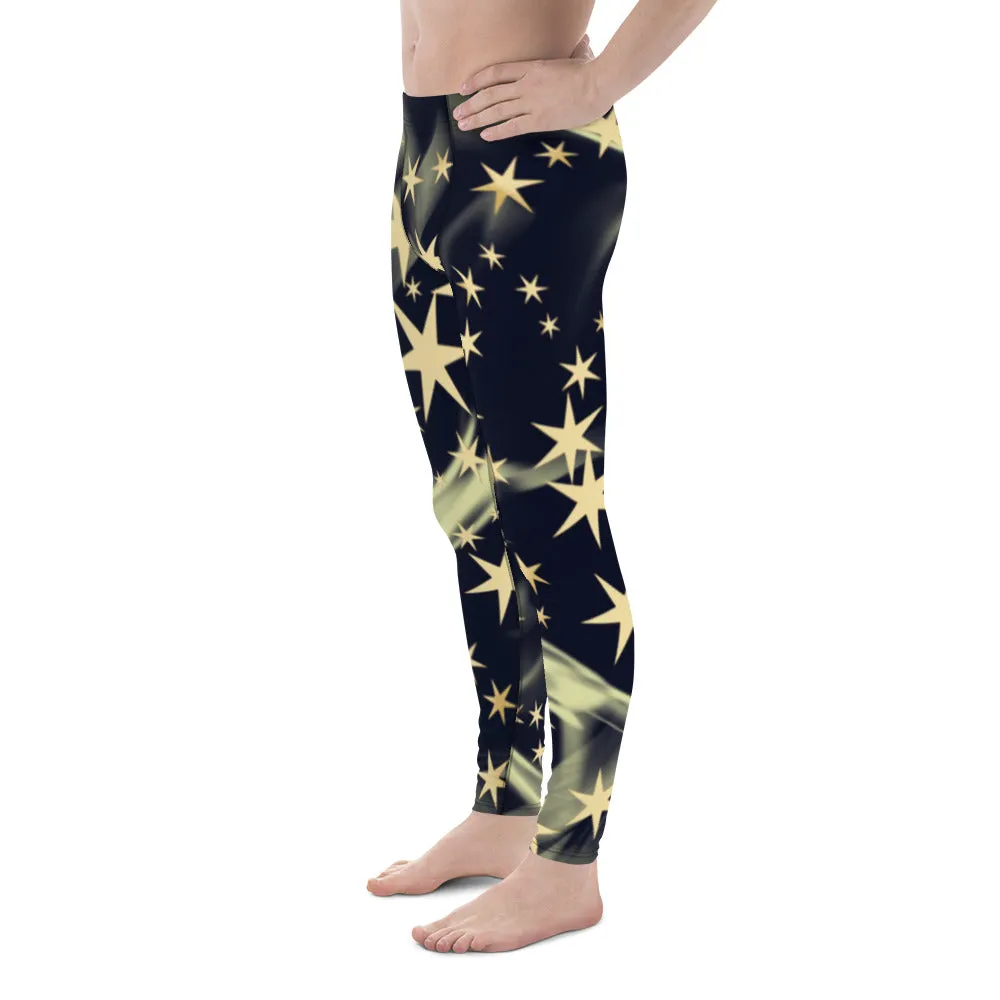 Black Starry Print Men's Leggings, Stars Pattern Meggings Compression Tights-Made in USA/EU/MX