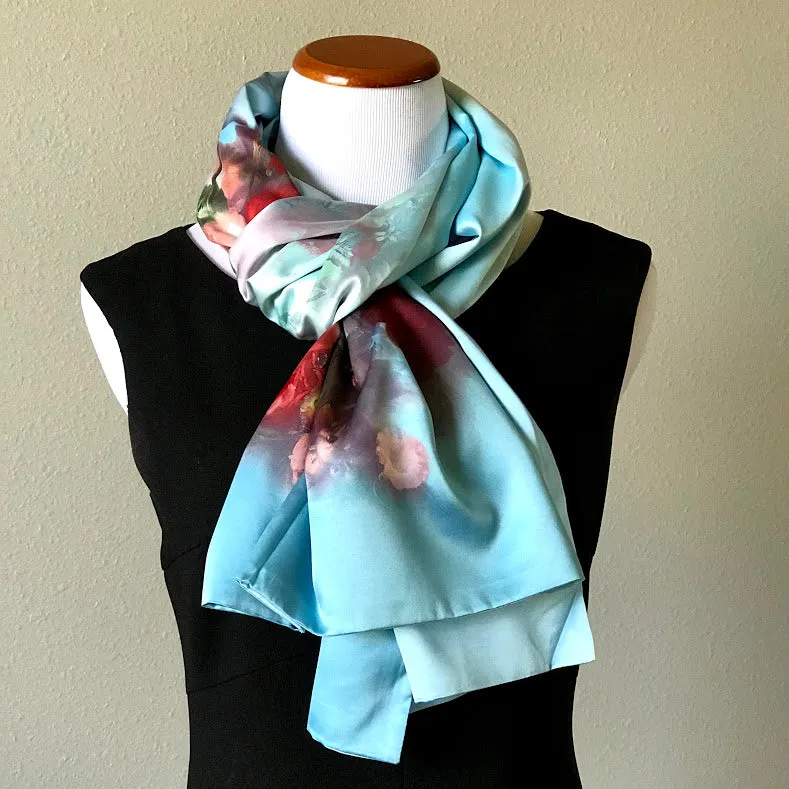 Blue 100% Silk Satin smooth soft Long double fabric  Scarf with buttons