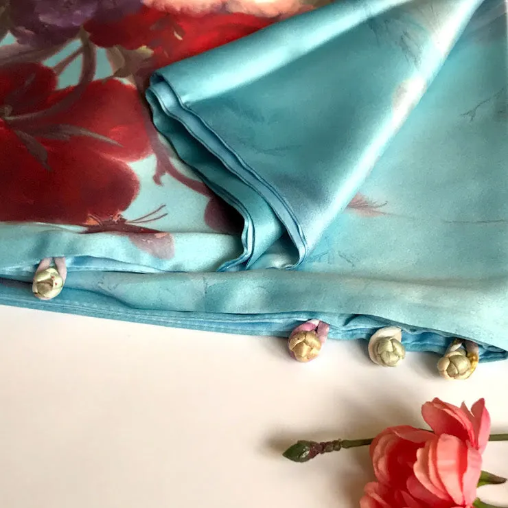 Blue 100% Silk Satin smooth soft Long double fabric  Scarf with buttons