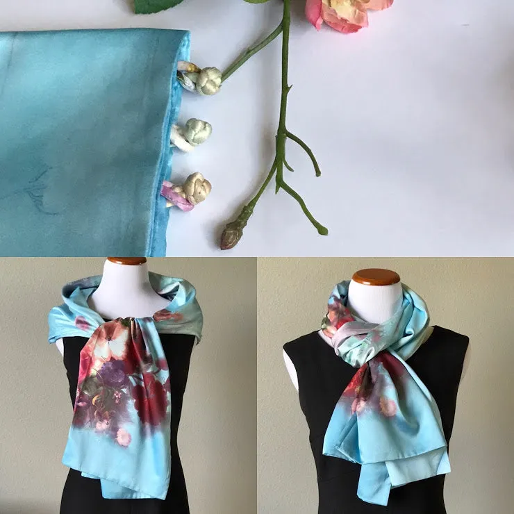 Blue 100% Silk Satin smooth soft Long double fabric  Scarf with buttons