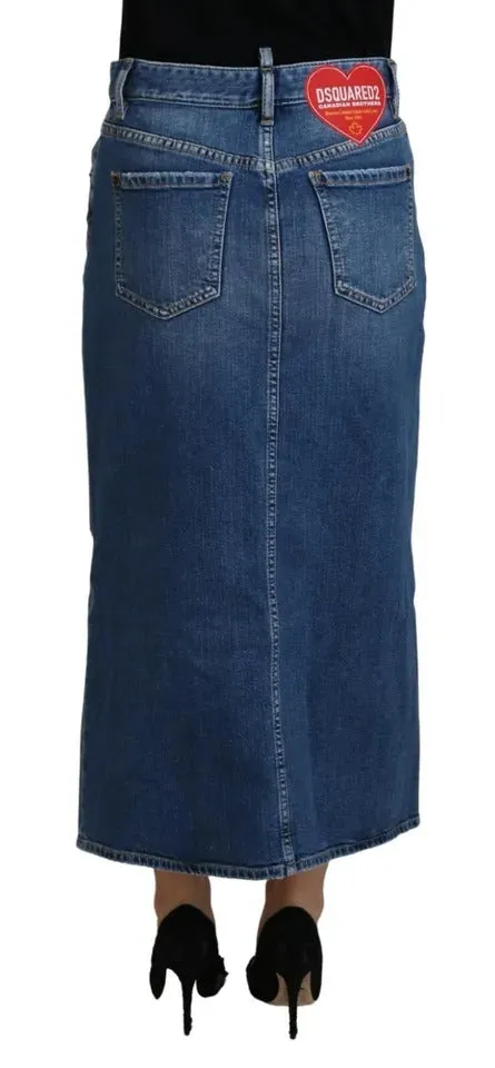 Blue Distressed High Waist Pencil Cut Denim Skirt