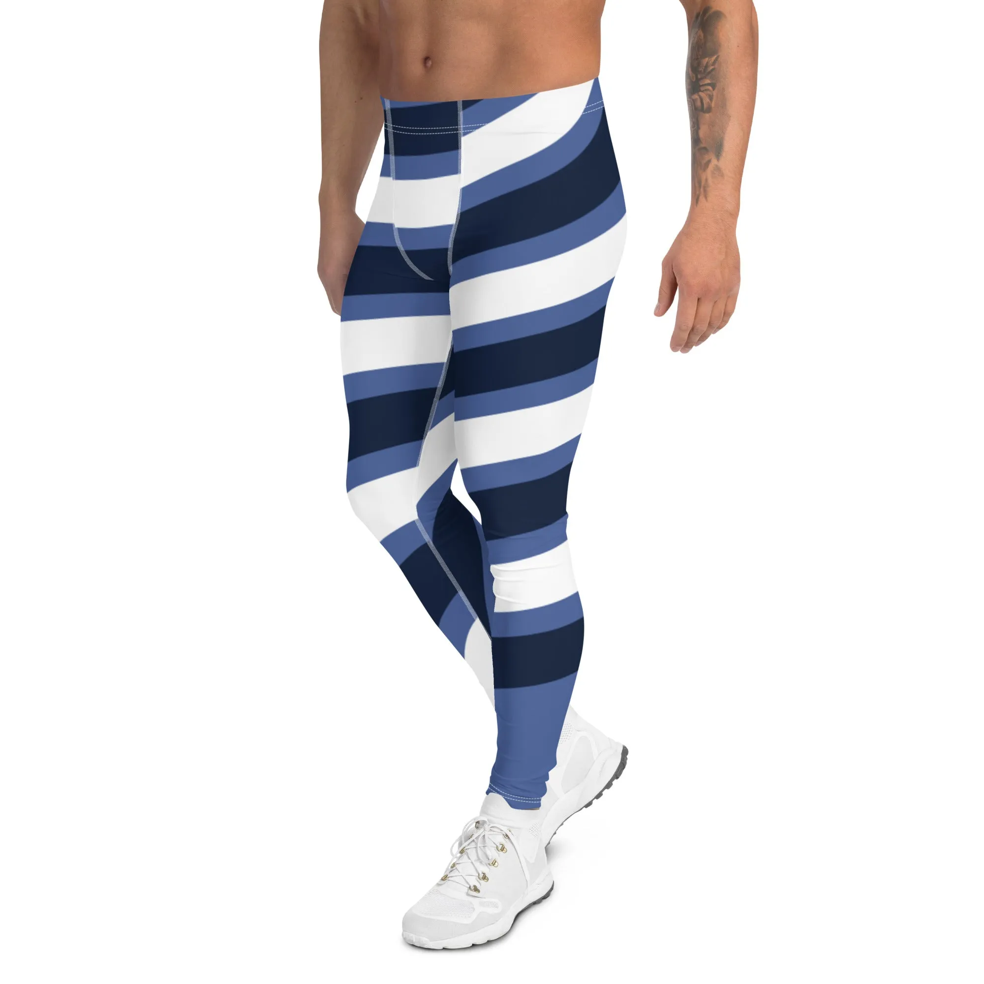 Blue White Swirl Men's Leggings, Designer Best Premium Quality Running Sports Tights-Made in USA/EU/MX