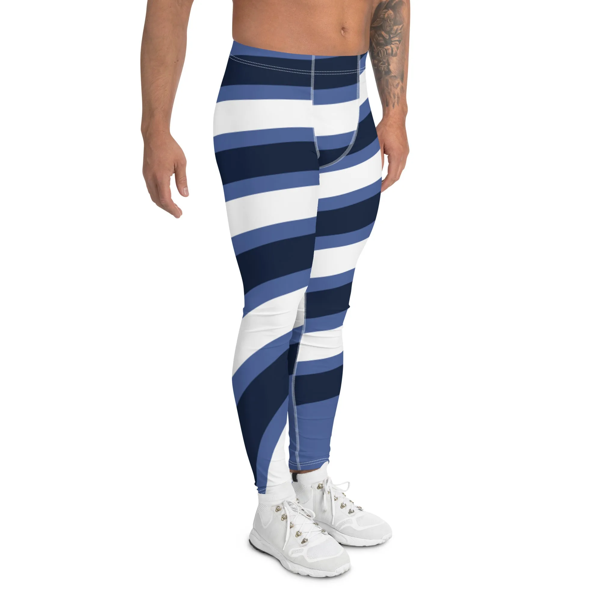 Blue White Swirl Men's Leggings, Designer Best Premium Quality Running Sports Tights-Made in USA/EU/MX