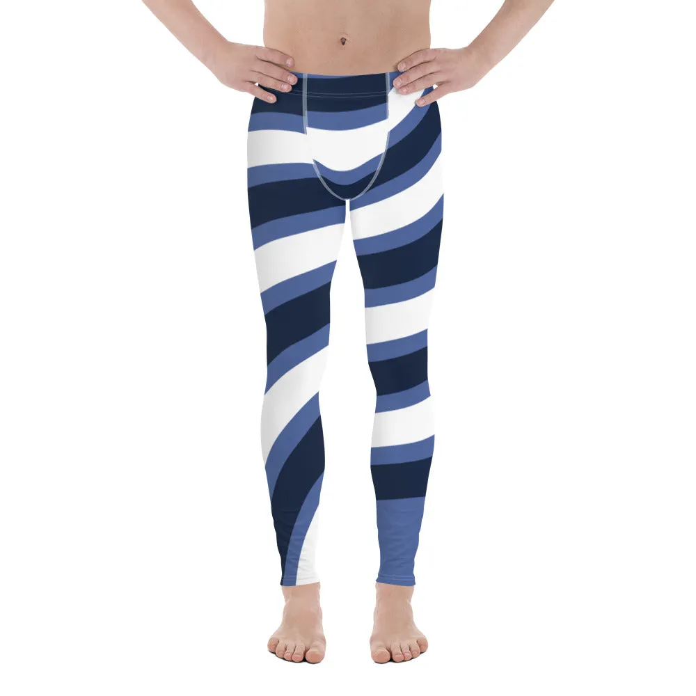 Blue White Swirl Men's Leggings, Designer Best Premium Quality Running Sports Tights-Made in USA/EU/MX