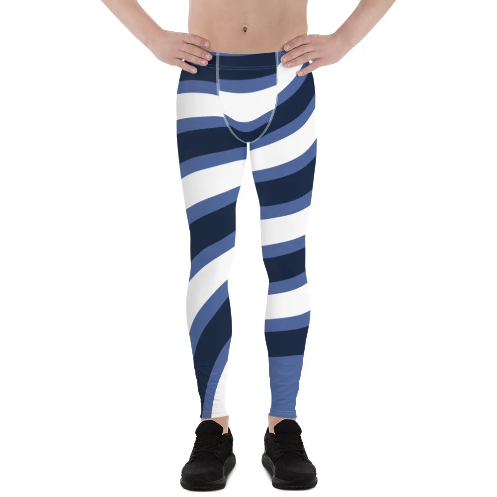 Blue White Swirl Men's Leggings, Designer Best Premium Quality Running Sports Tights-Made in USA/EU/MX