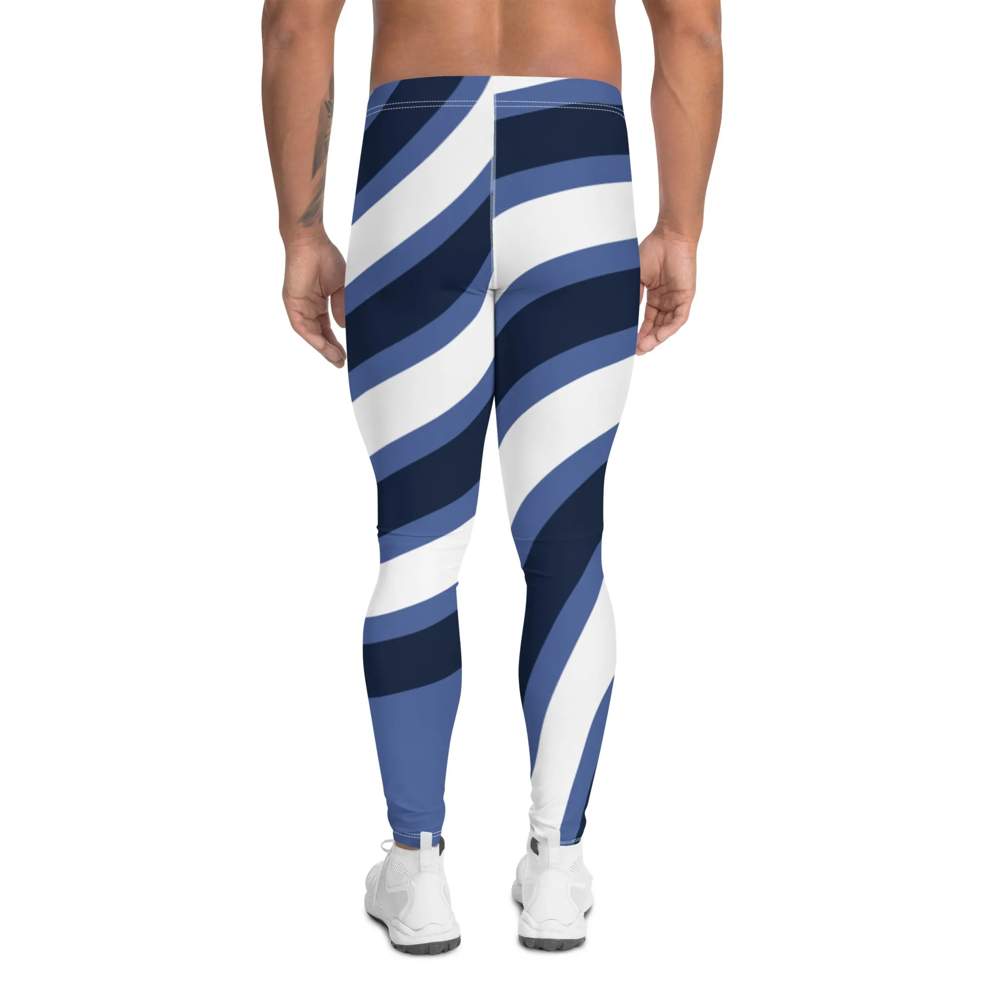 Blue White Swirl Men's Leggings, Designer Best Premium Quality Running Sports Tights-Made in USA/EU/MX