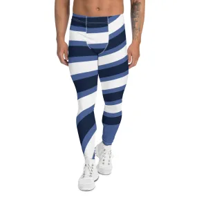 Blue White Swirl Men's Leggings, Designer Best Premium Quality Running Sports Tights-Made in USA/EU/MX