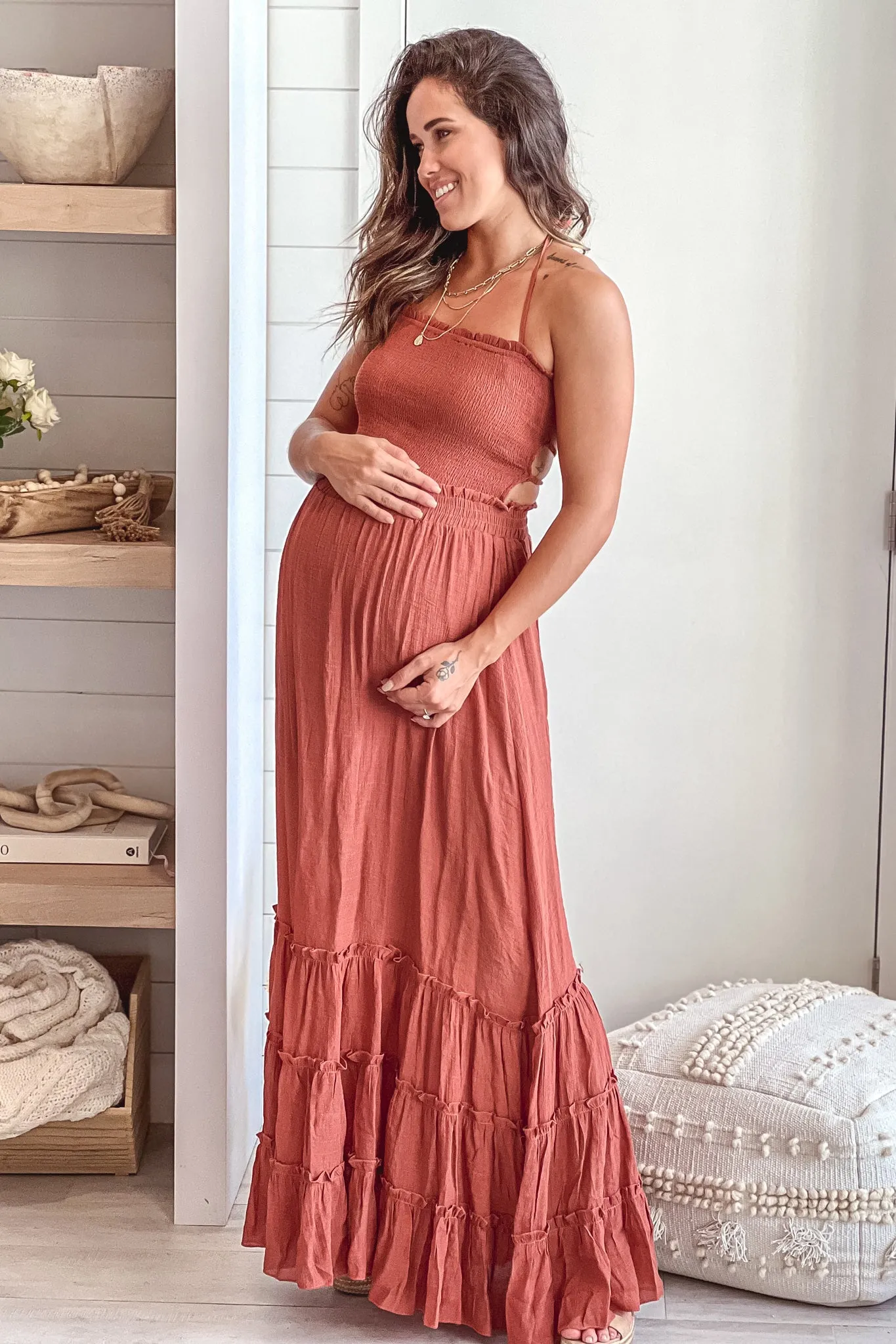 Brick Maternity Maxi Dress with Strappy Back