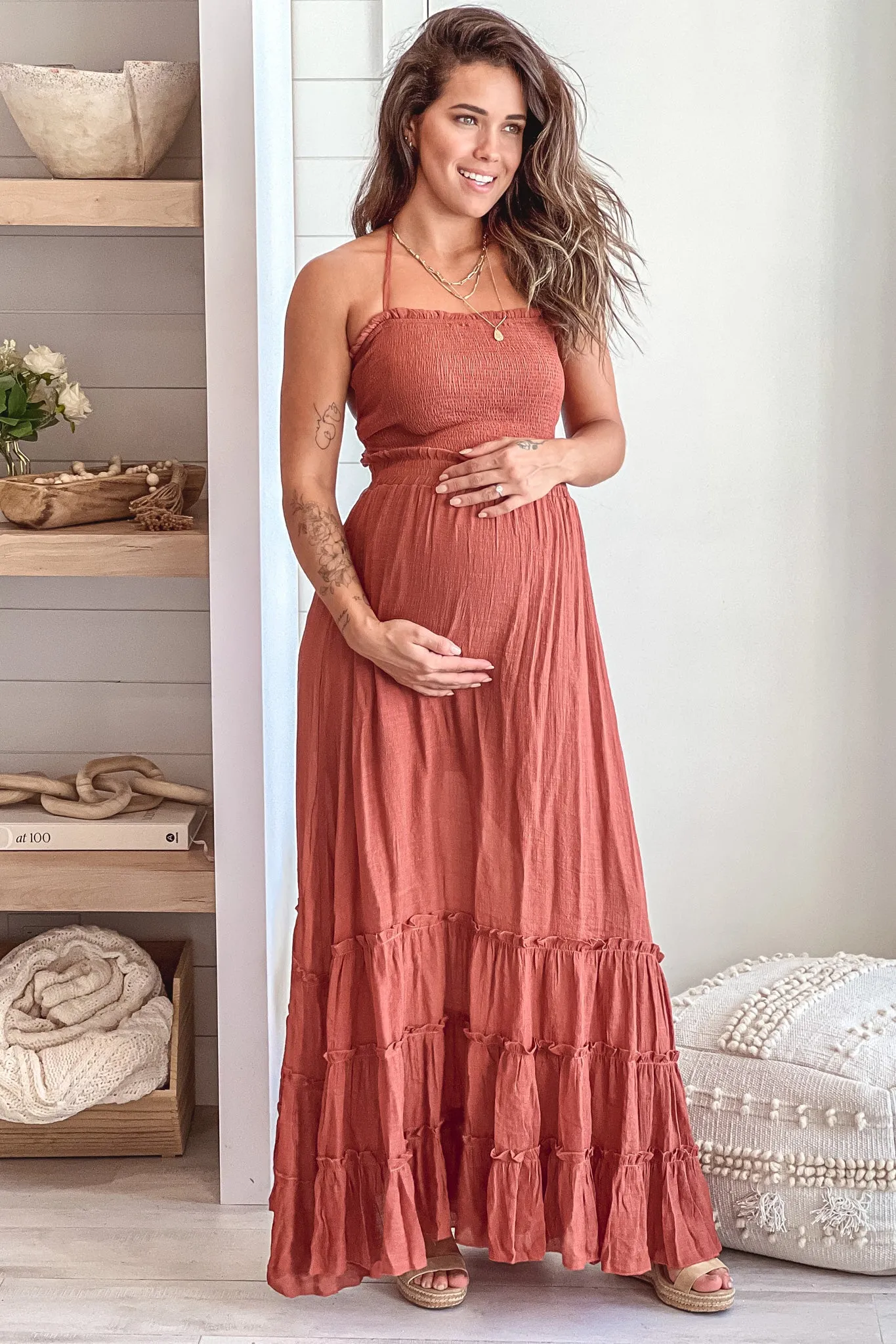 Brick Maternity Maxi Dress with Strappy Back