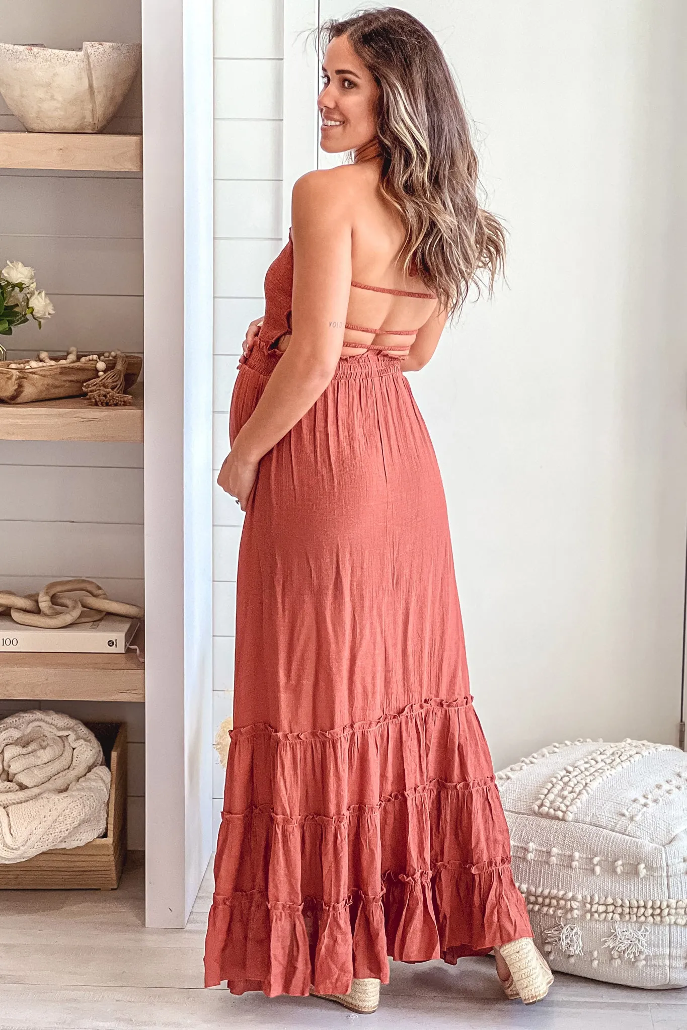 Brick Maternity Maxi Dress with Strappy Back