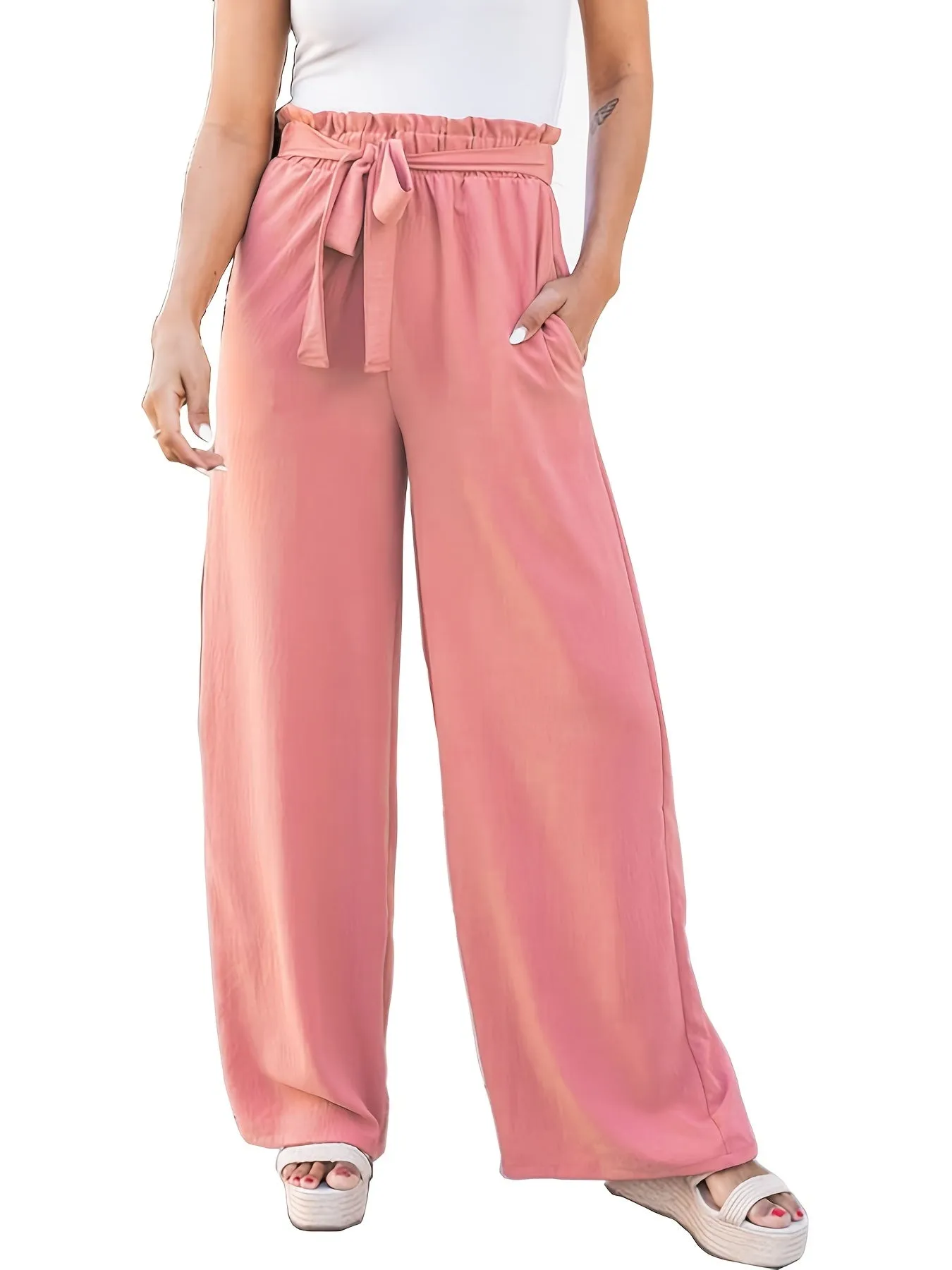 Casual Loose Lace Up Solid High Waist Fashion Wide Leg Pants